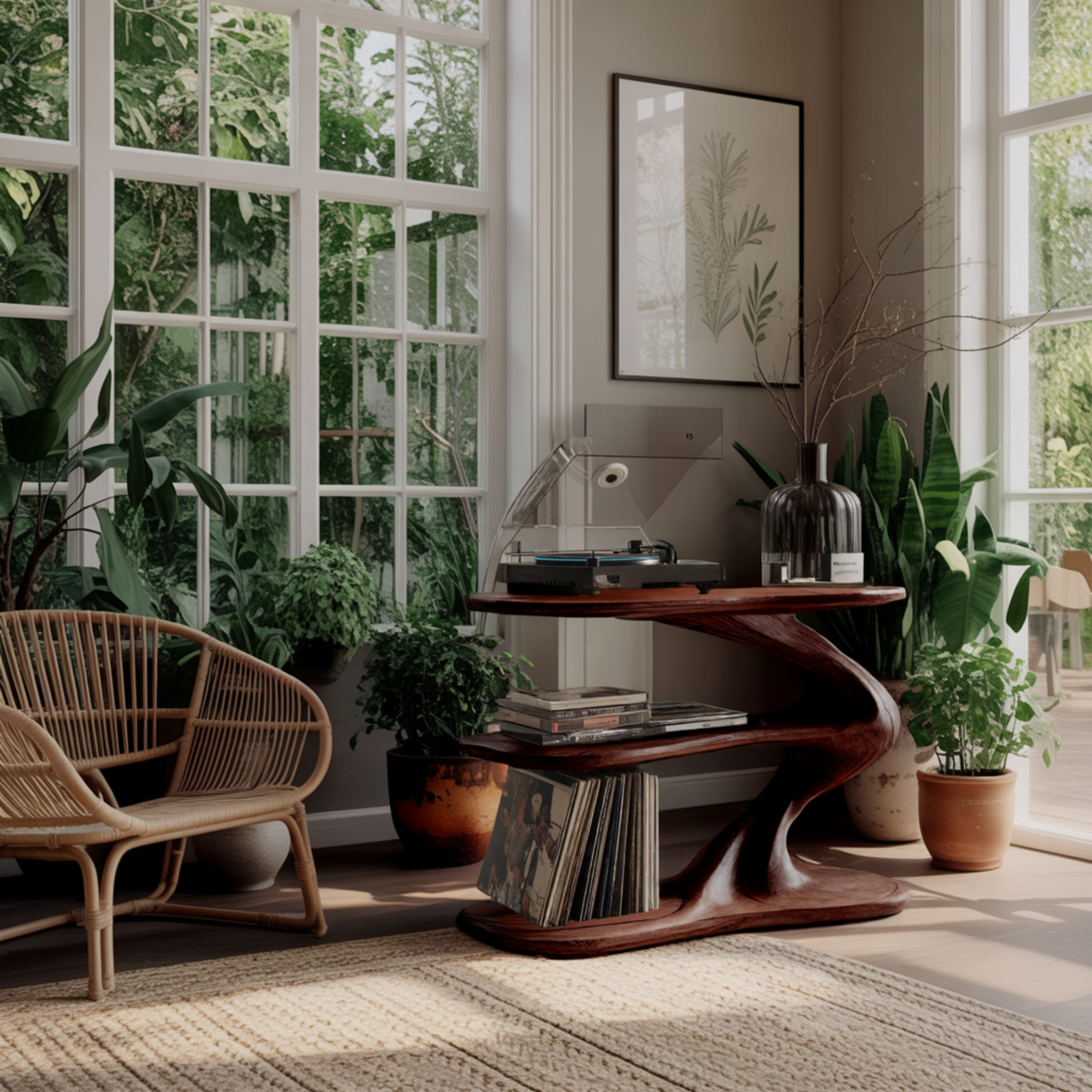 Serenata Sculpted Solid Wood Record Player Stand - Timberustic Record Player Stand With Storage