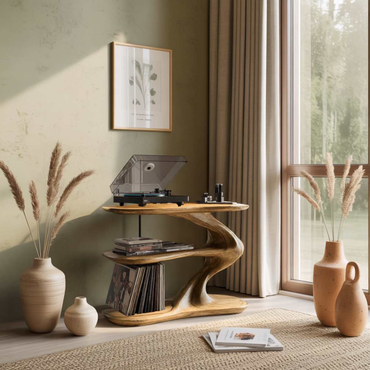 Serenata Sculpted Solid Wood Record Player Stand - Timberustic Record Player Stand With Storage