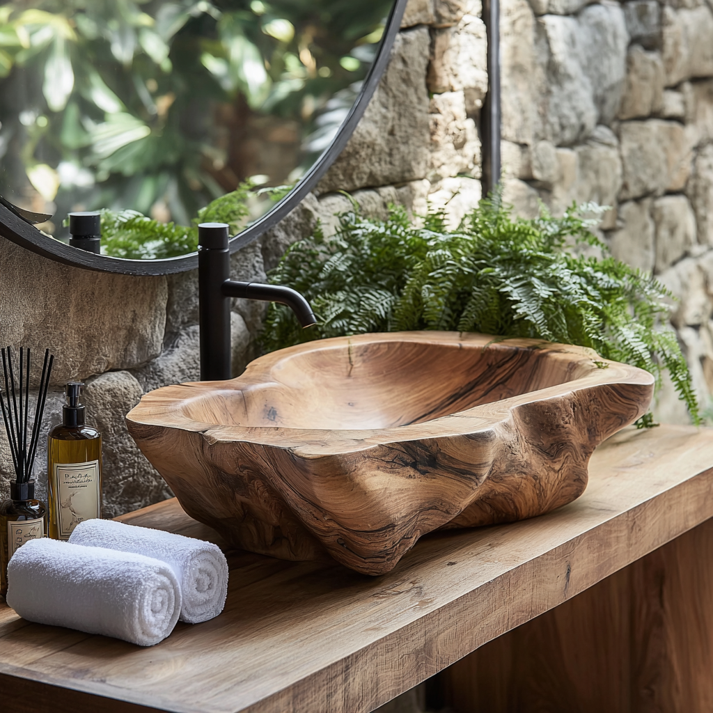 Solune Crest Hand-Carved Wooden Vessel Sink - Timberustic Vessel Sinks