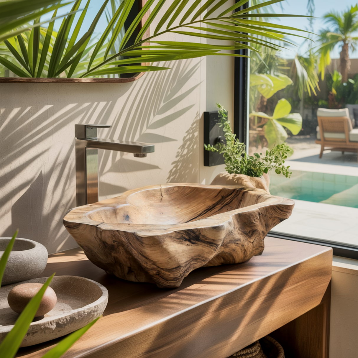 Solune Crest Hand-Carved Wooden Vessel Sink - Timberustic Vessel Sinks