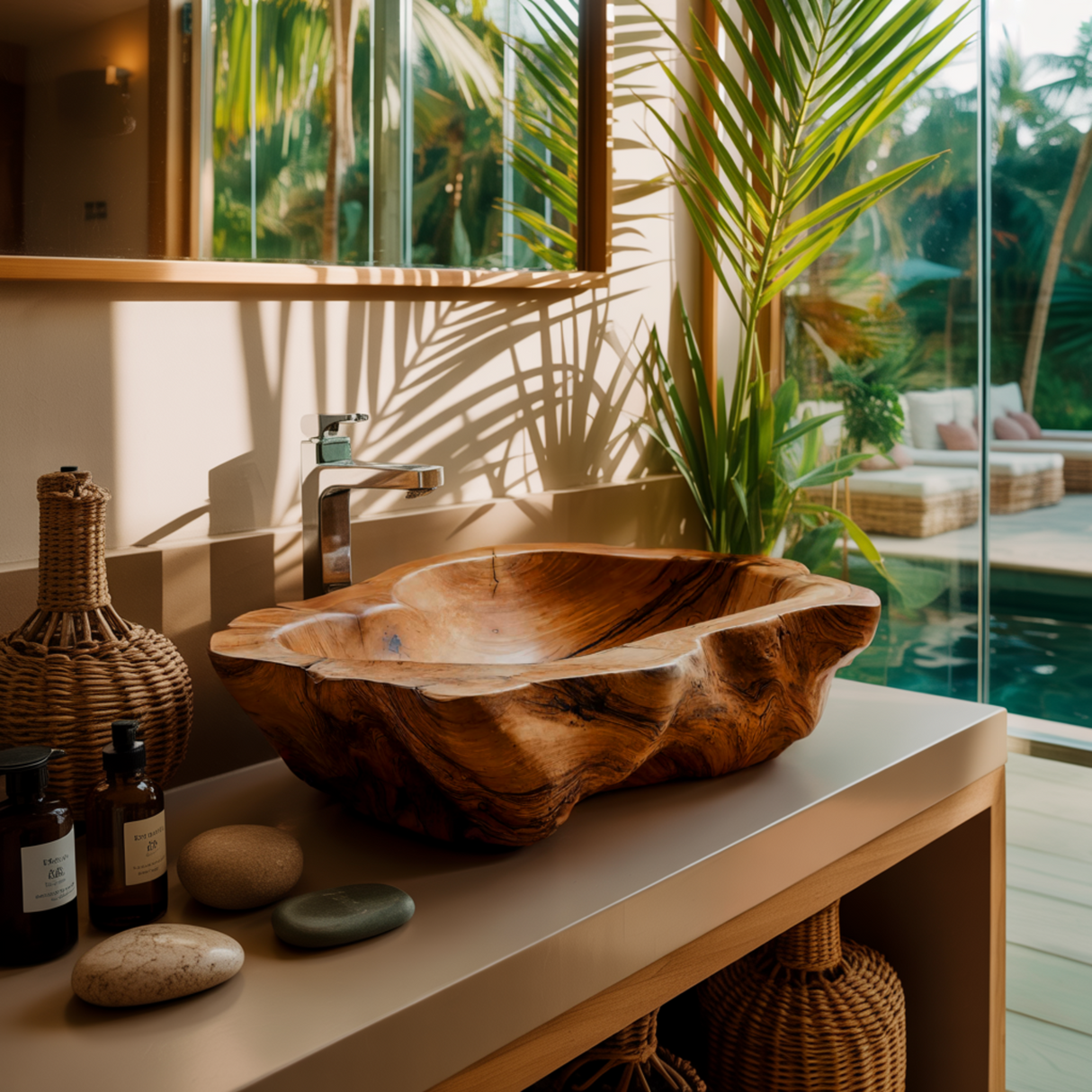 Solune Crest Hand-Carved Wooden Vessel Sink - Timberustic Vessel Sinks