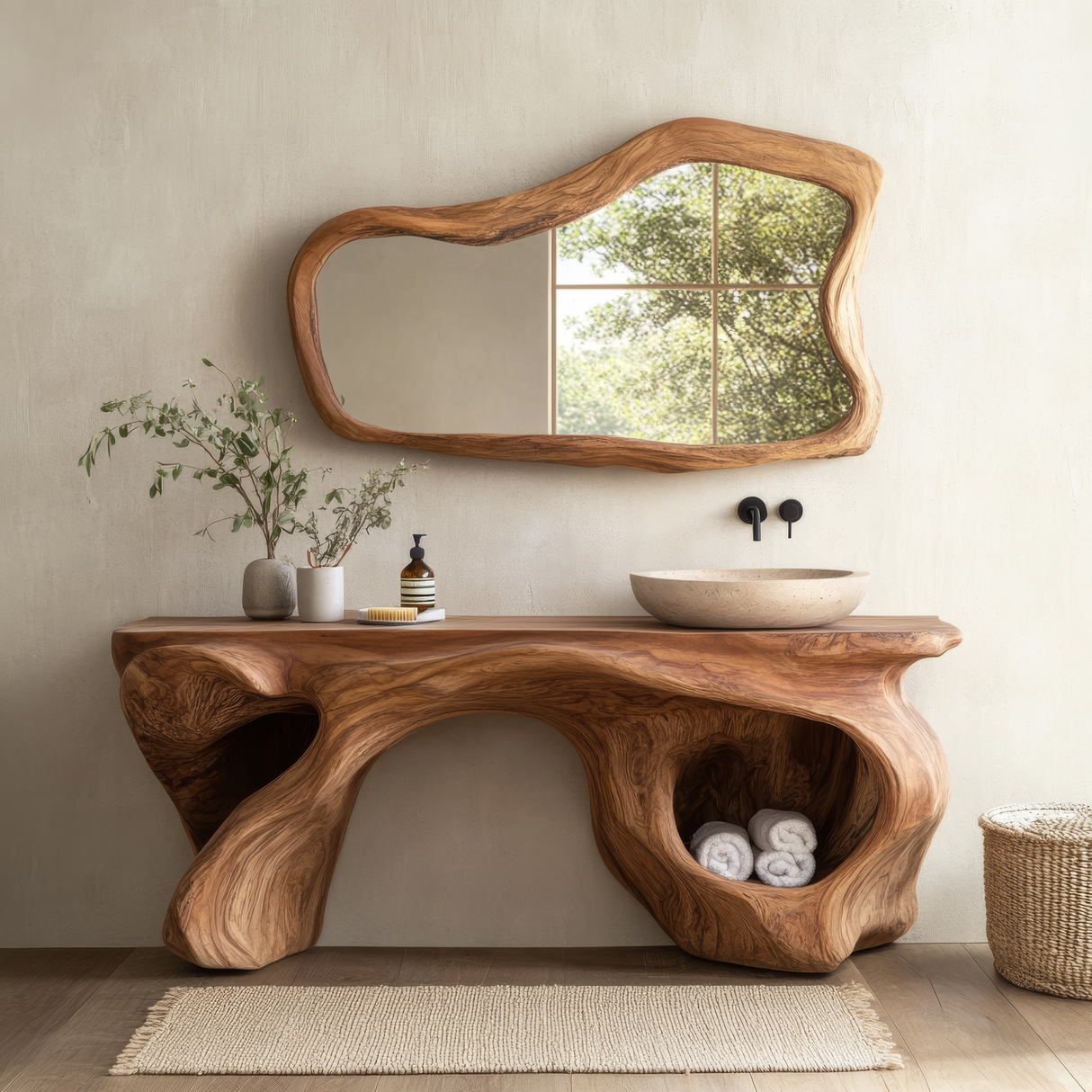 Solvane Sculpted Solid Wood Freestanding Bathroom Vanity with Open Storage - Timberustic Freestanding Bathroom Vanity with Open Storage