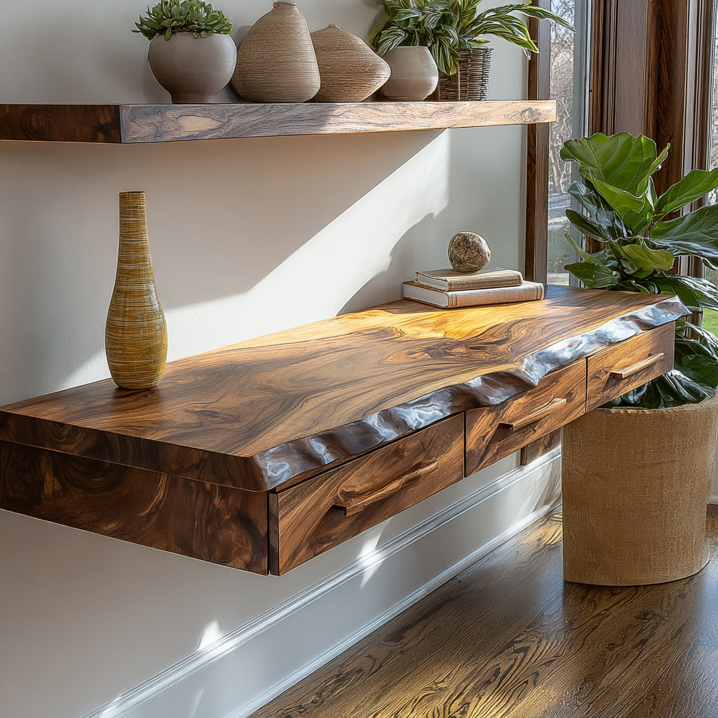 Solvaren Live Edge Solid Wood Floating Desk with Drawers - Timberustic Floating Desk with Drawers