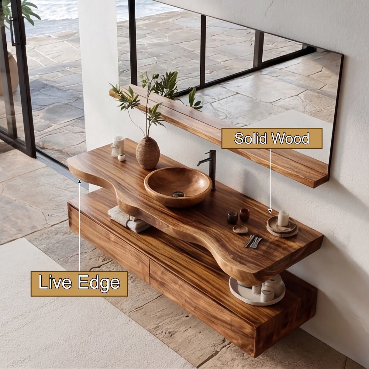 Solvren Live Edge Solid Wood Floating Bathroom Vanity with Drawers SPA183636 - Timberustic Floating Bathroom Vanity With Drawers