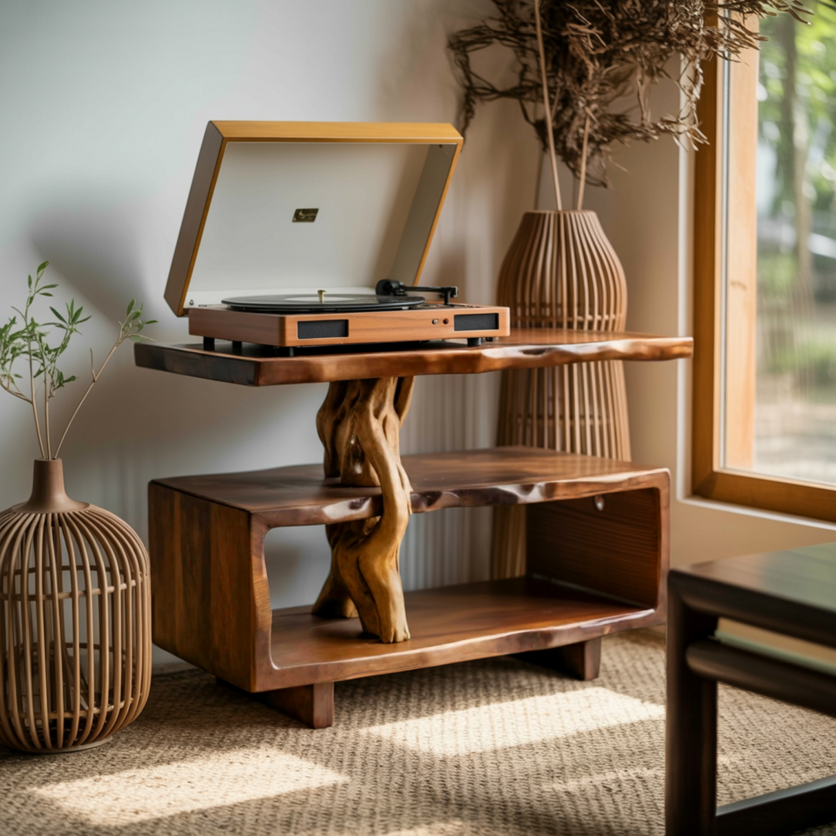 Soren Root-Form Handcrafted Record Player Stand - Timberustic Record Player Stand With Storage