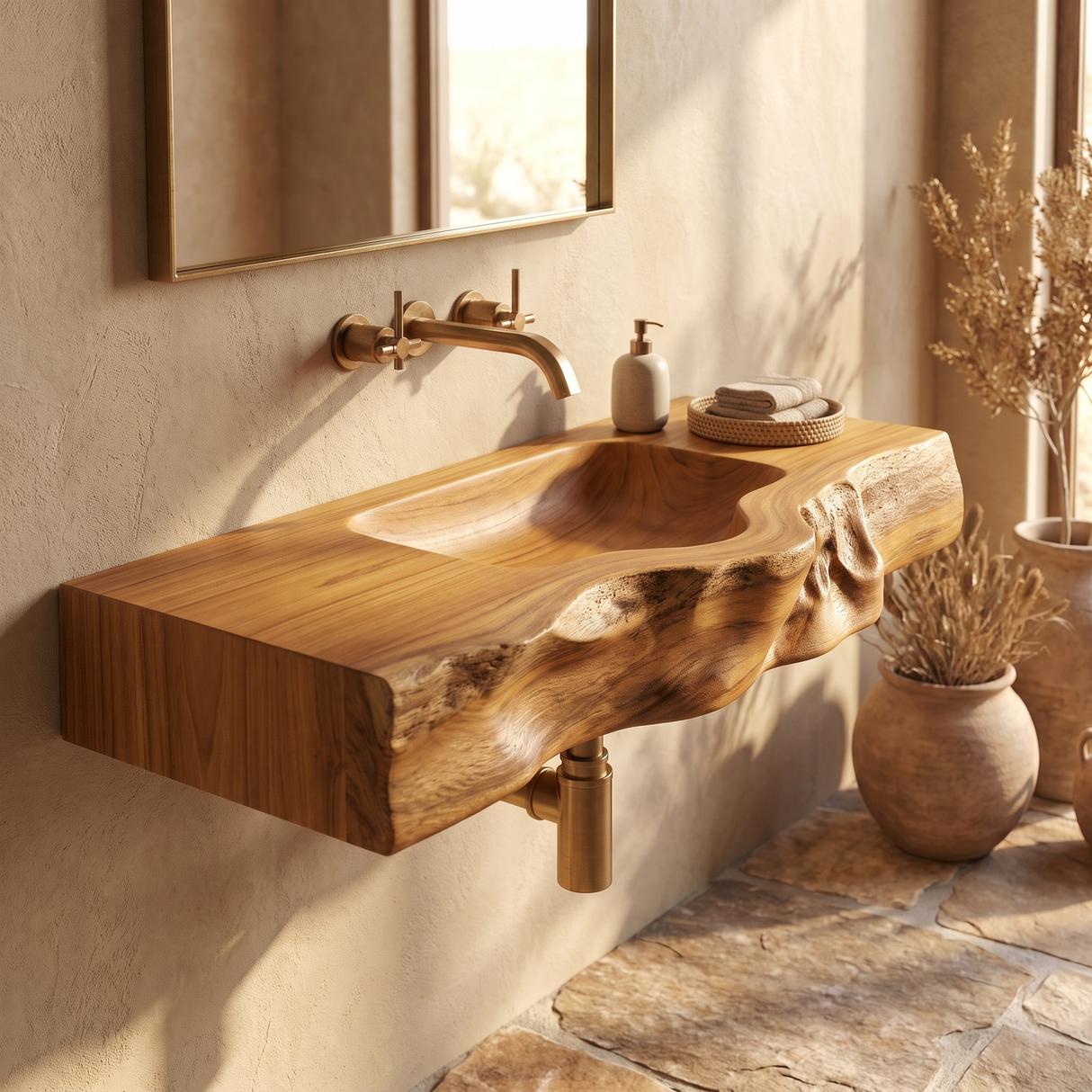 Stonebrook Handcrafted Live Edge Solid Wood Floating Bathroom Vanity with Integrated Sink