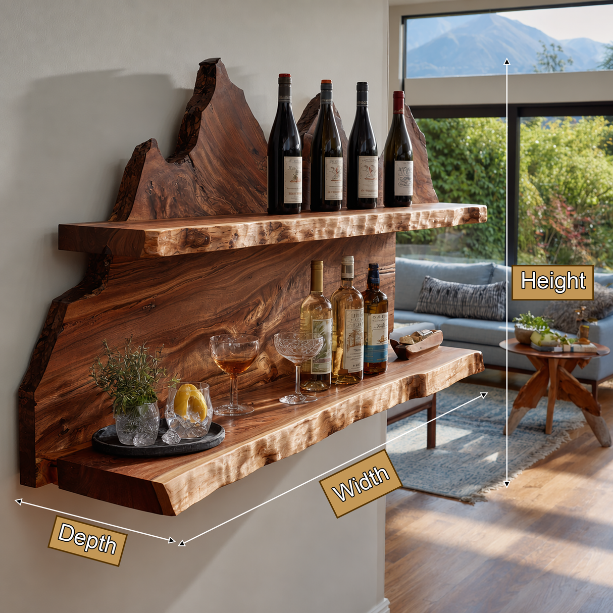Stonehaven Live Edge Handcrafted Floating Wine Shelf - Timberustic Floating Wine Shelf