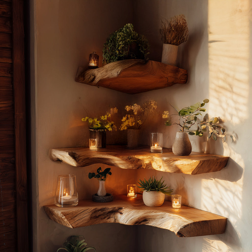 Sunbend Live Edge Solid Wood Corner Floating Shelf