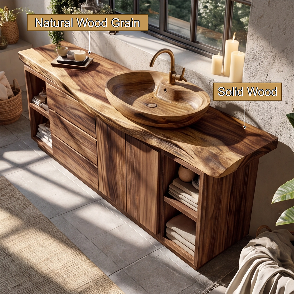 Sylvaren Live Edge Solid Wood Freestanding Bathroom Vanity with Drawers