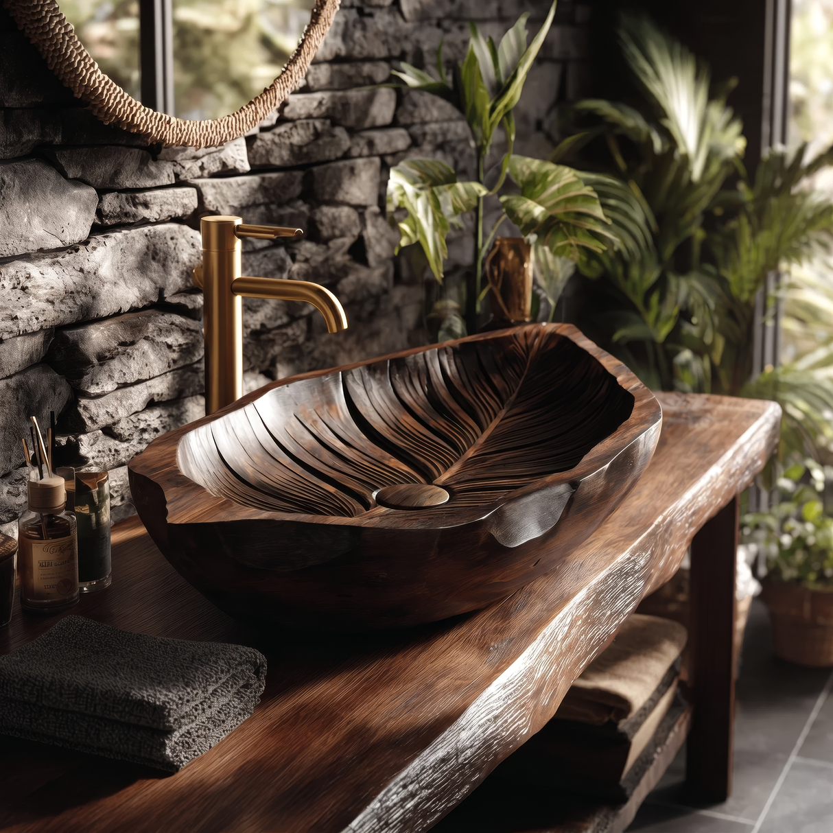Sylvaria Handcrafted Solid Wood Leaf Vessel Sink