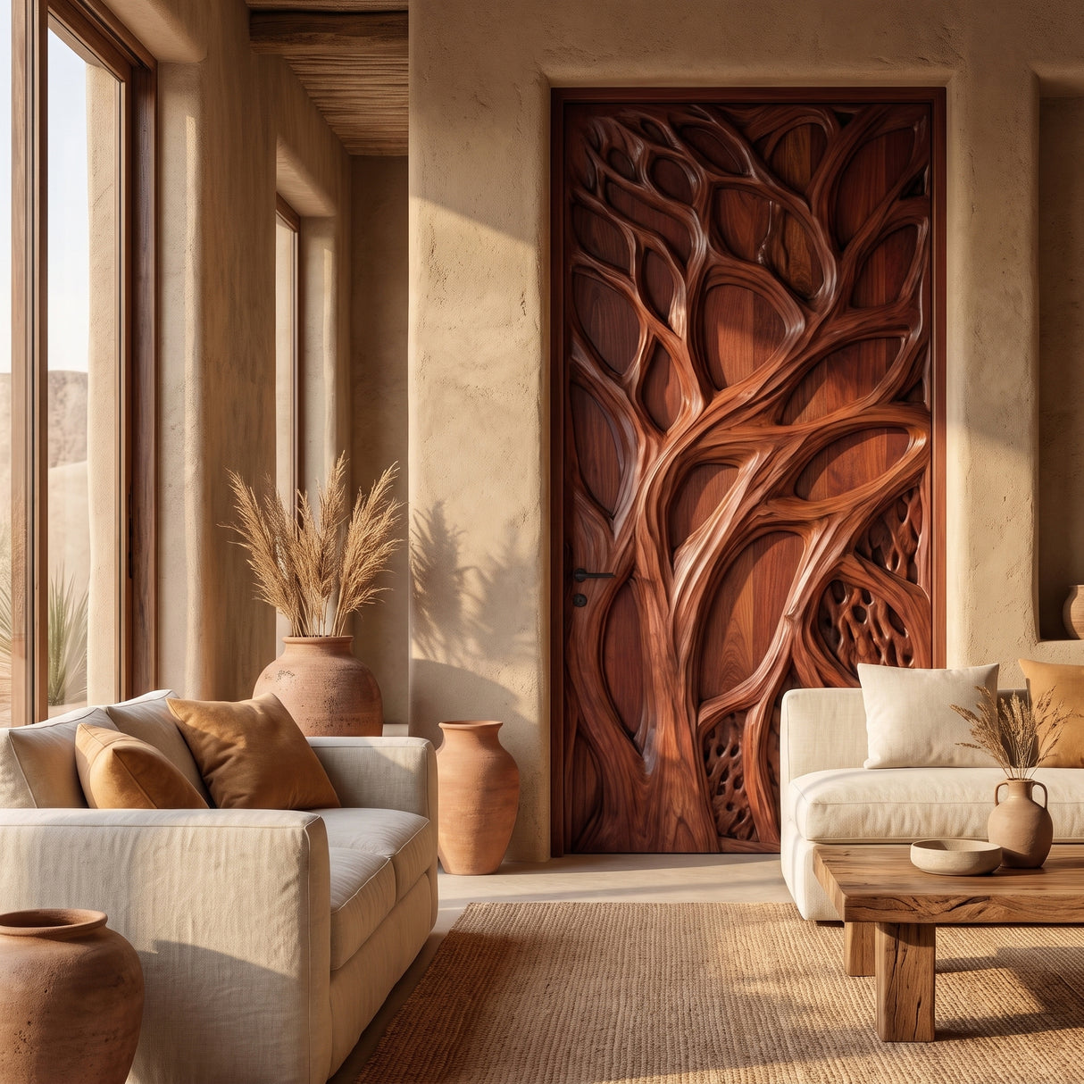 Sylvaris Handcrafted Solid Wood Tree Relief Single Door