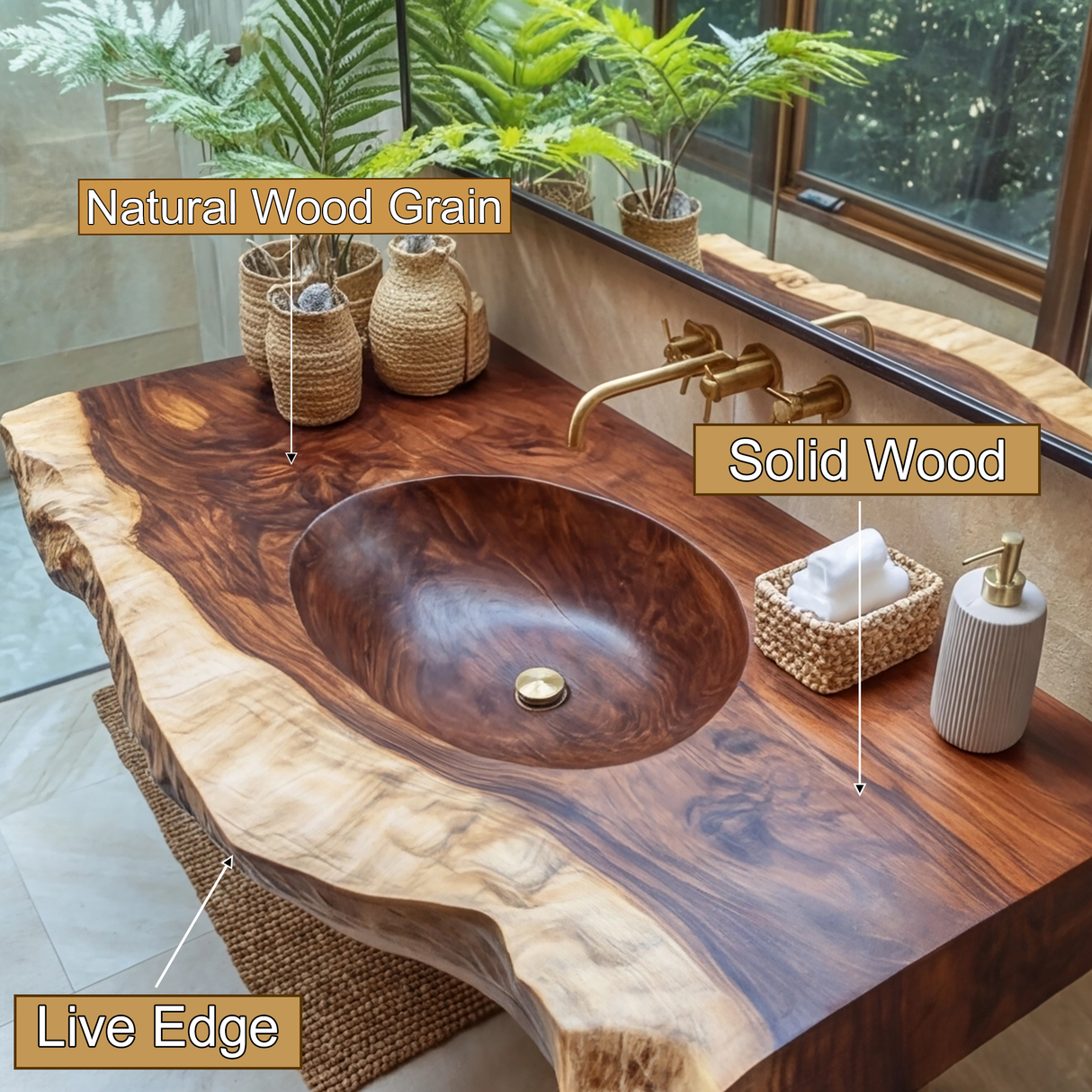 Sylvaris Live Edge Solid Wood Floating Bathroom Vanity with Integrated Sink - Timberustic Floating Bathroom Vanity with Integrated Sink