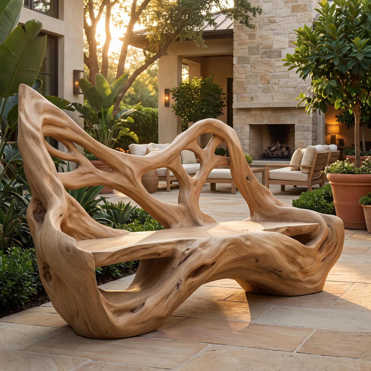 Sylvaris Sculpted Solid Wood Outdoor Bench Natural Oak - Timberustic Bench