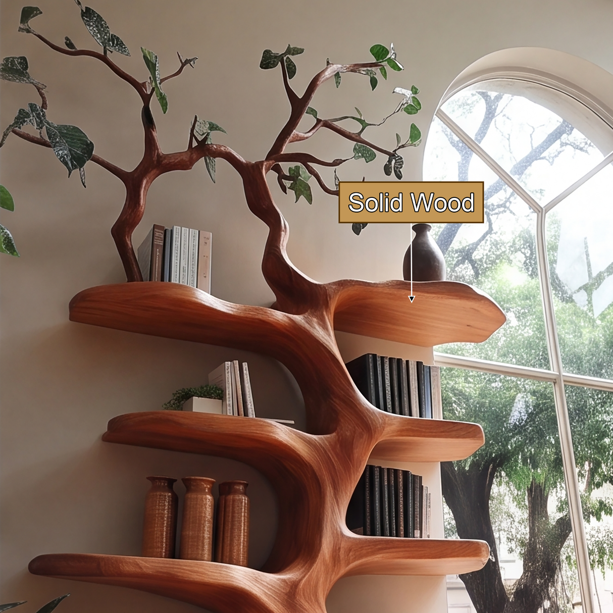 Sylvenoak Handcrafted Sculpted Solid Wood Tree Bookshelf with Drawers SPA023673