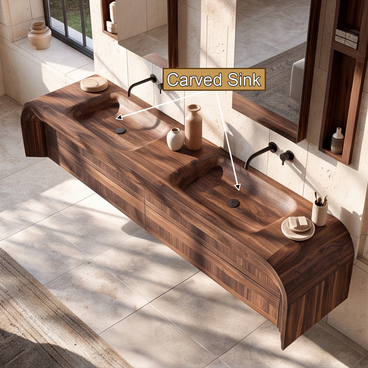 Sylverion Solid Wood Floating Bathroom Vanity with Integrated Sinks and Drawers