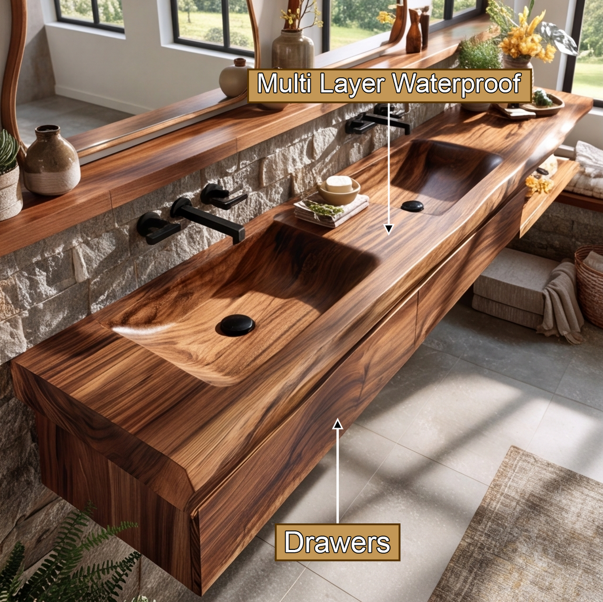 Sylverith Sculpted Solid Wood Floating Bathroom Vanity with Integrated Sinks and Drawers
