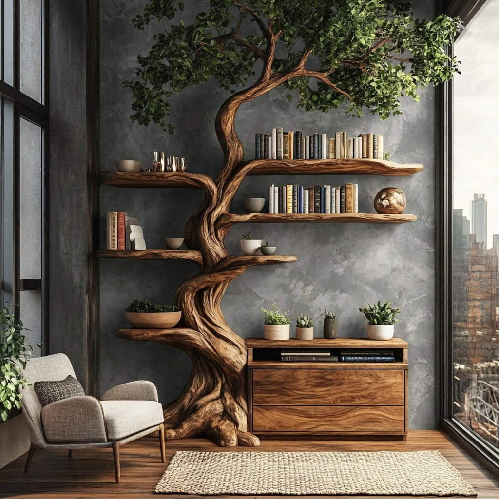 Sylveroak Organic Modern Tree Bookshelf with Drawers - Timberustic Tree Bookshelf