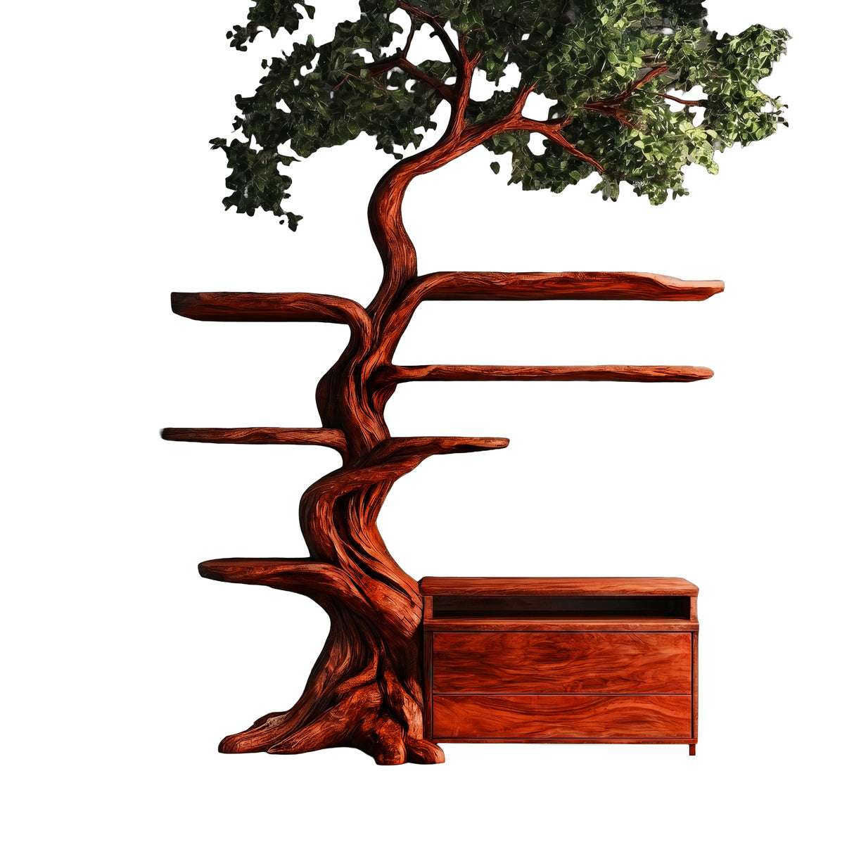 Sylveroak Organic Modern Tree Bookshelf with Drawers Mahogany - Timberustic Tree Bookshelf