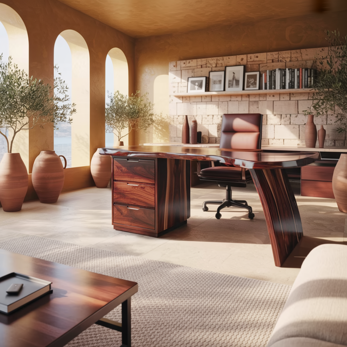 Tavrin Sculptural Solid Wood Desk with Drawers