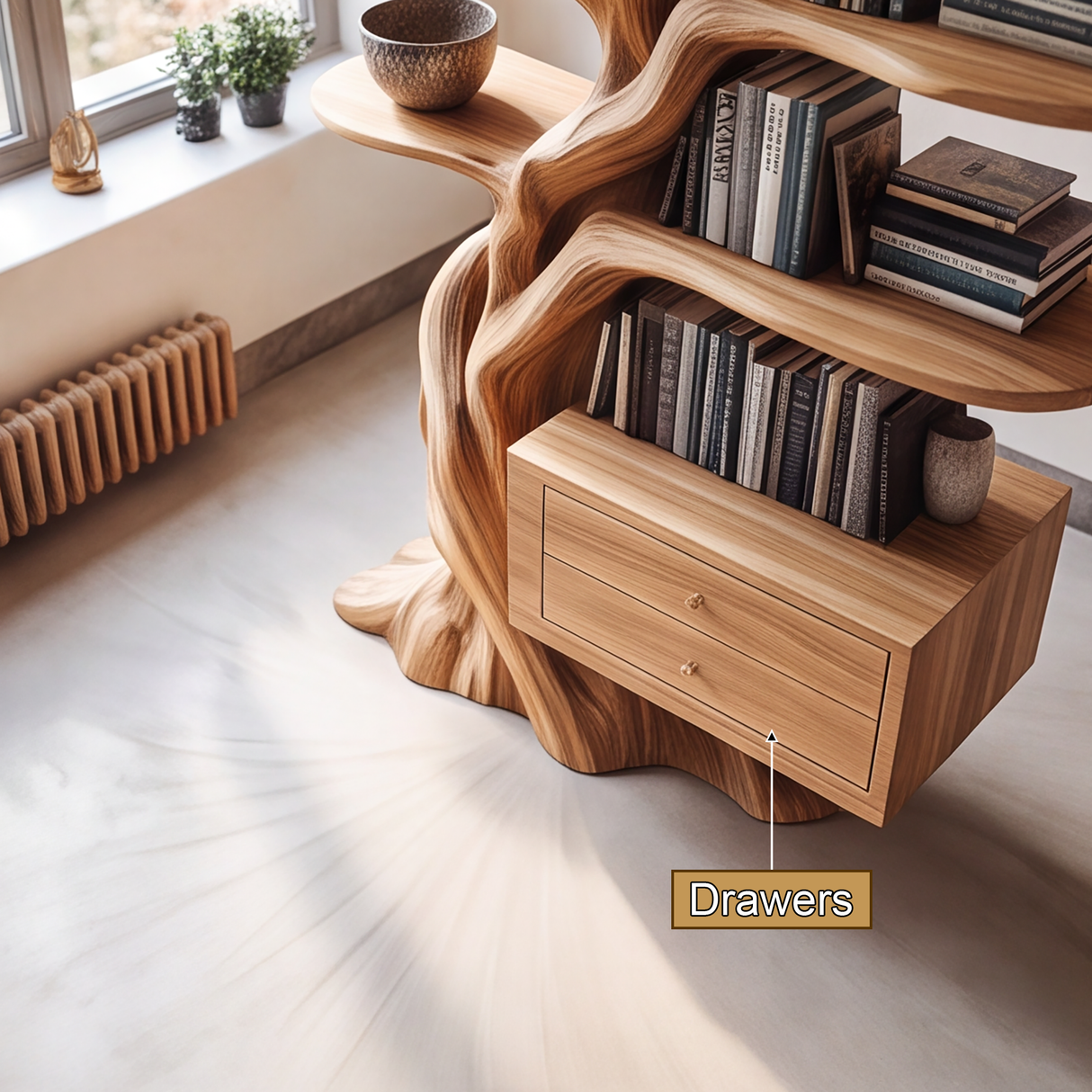 Thalorien Handcrafted Sculpted Solid Wood Tree Bookshelf with Drawers SPA039524
