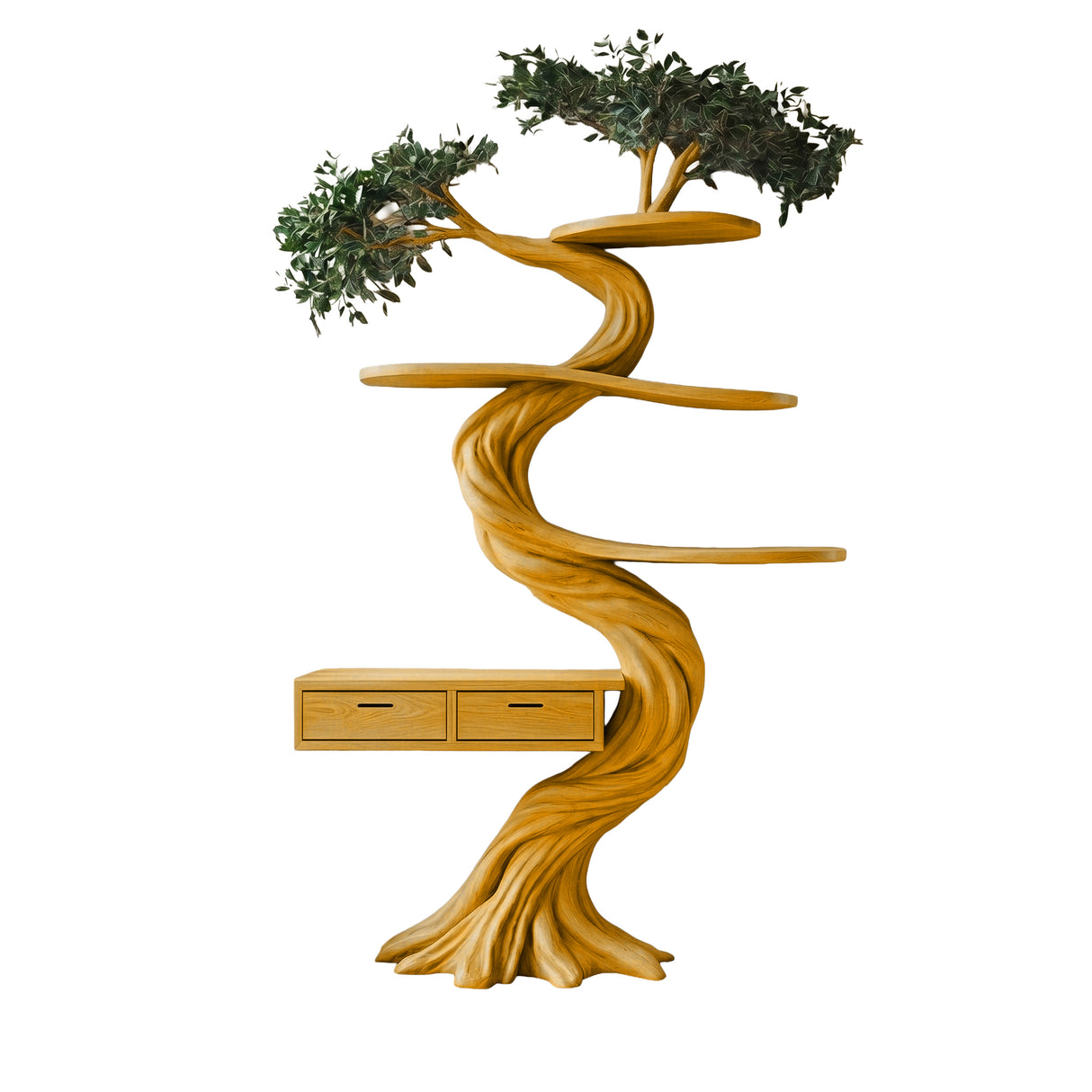 Thalorin Organic Modern Tree Bookshelf with Drawers Teak - Timberustic Tree Bookshelf