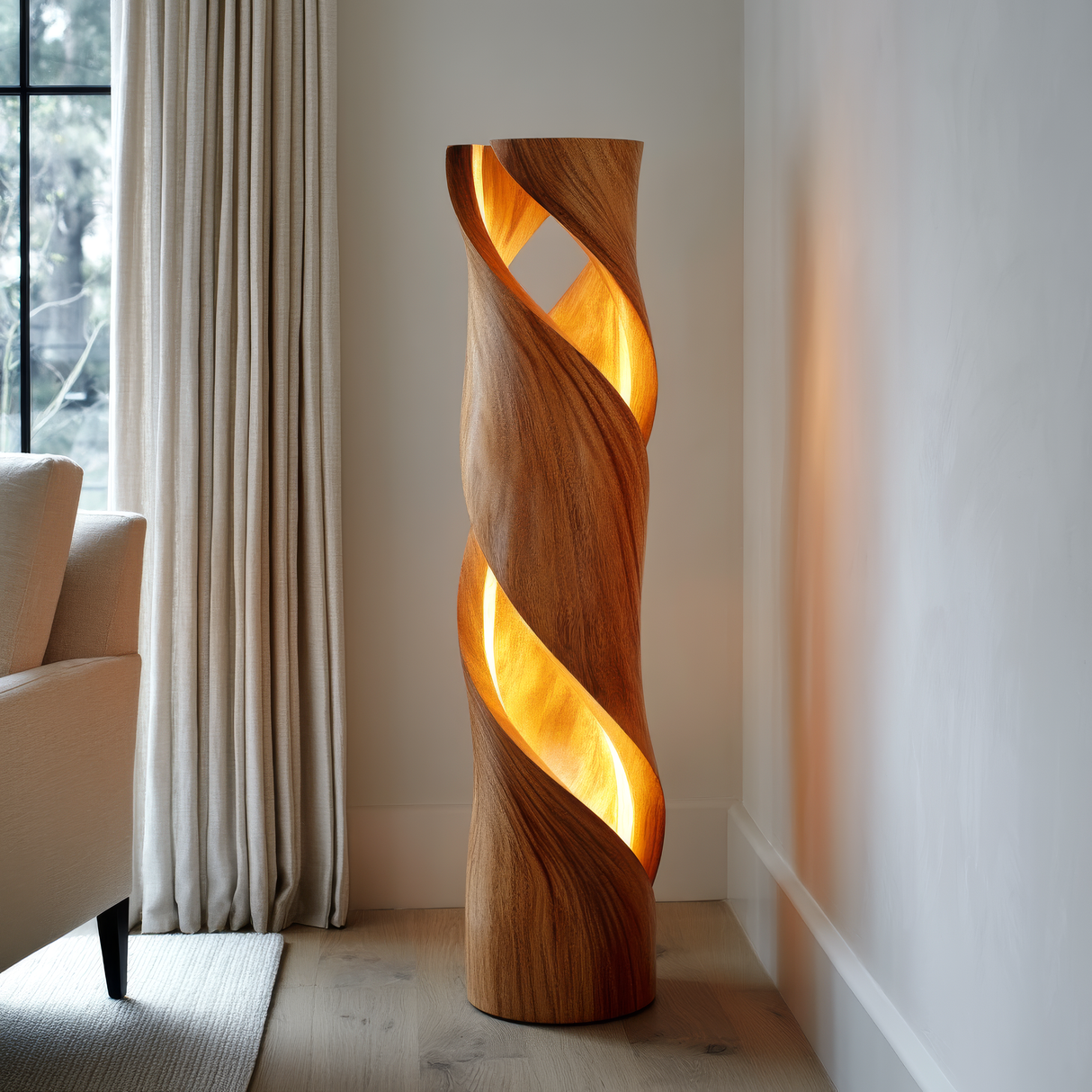 Thaloris Sculpted Helical Integrated LED Wood Floor Lamp - Timberustic Floor Lamp