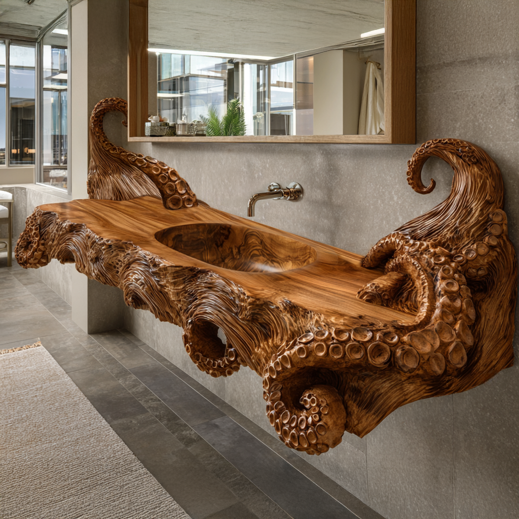 Thalorix Octopus Form Sculpted Solid Wood Floating Bathroom Vanity with Integrated Sink - Timberustic Floating Bathroom Vanity with Integrated Sink