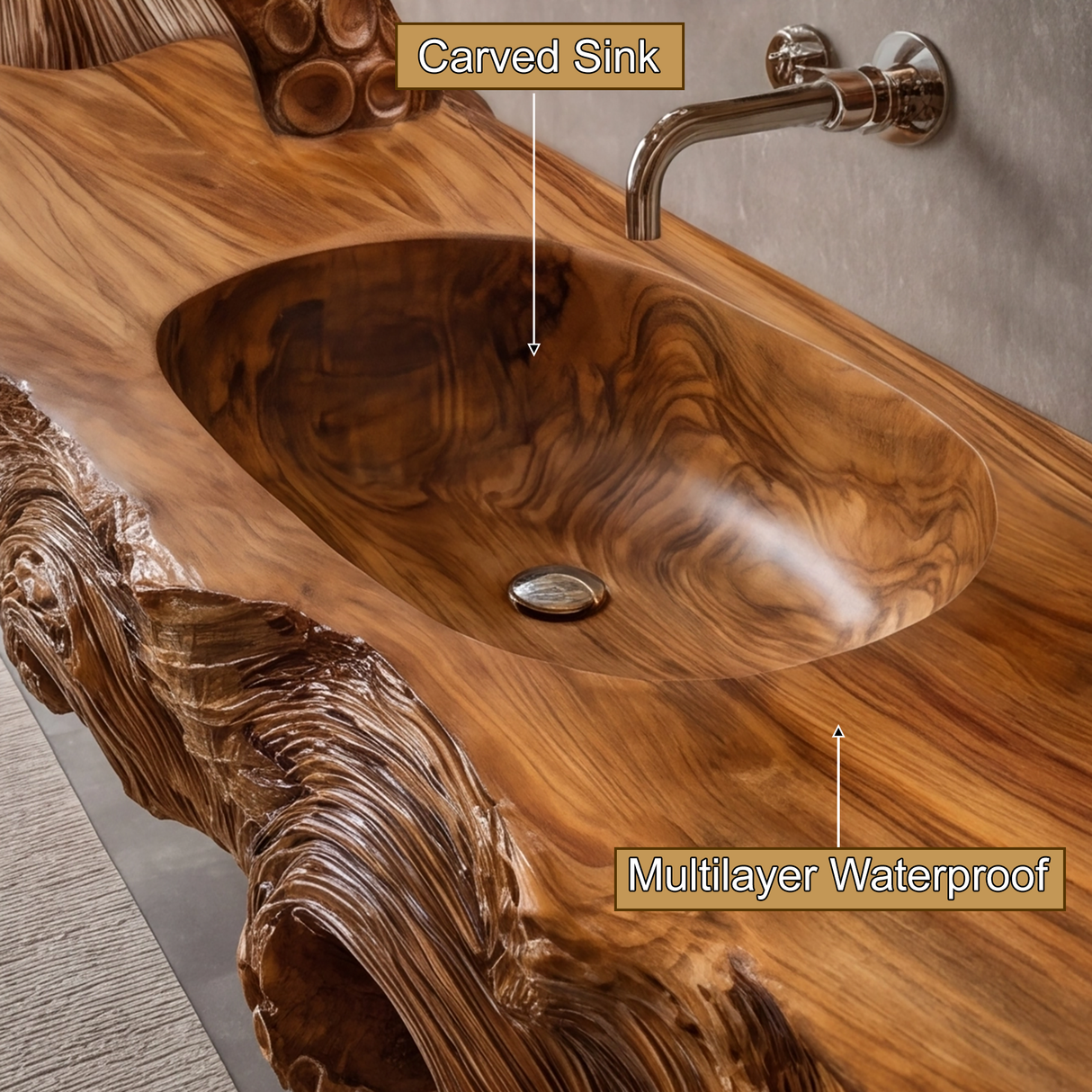 Thalorix Octopus Form Sculpted Solid Wood Floating Bathroom Vanity with Integrated Sink - Timberustic Floating Bathroom Vanity with Integrated Sink