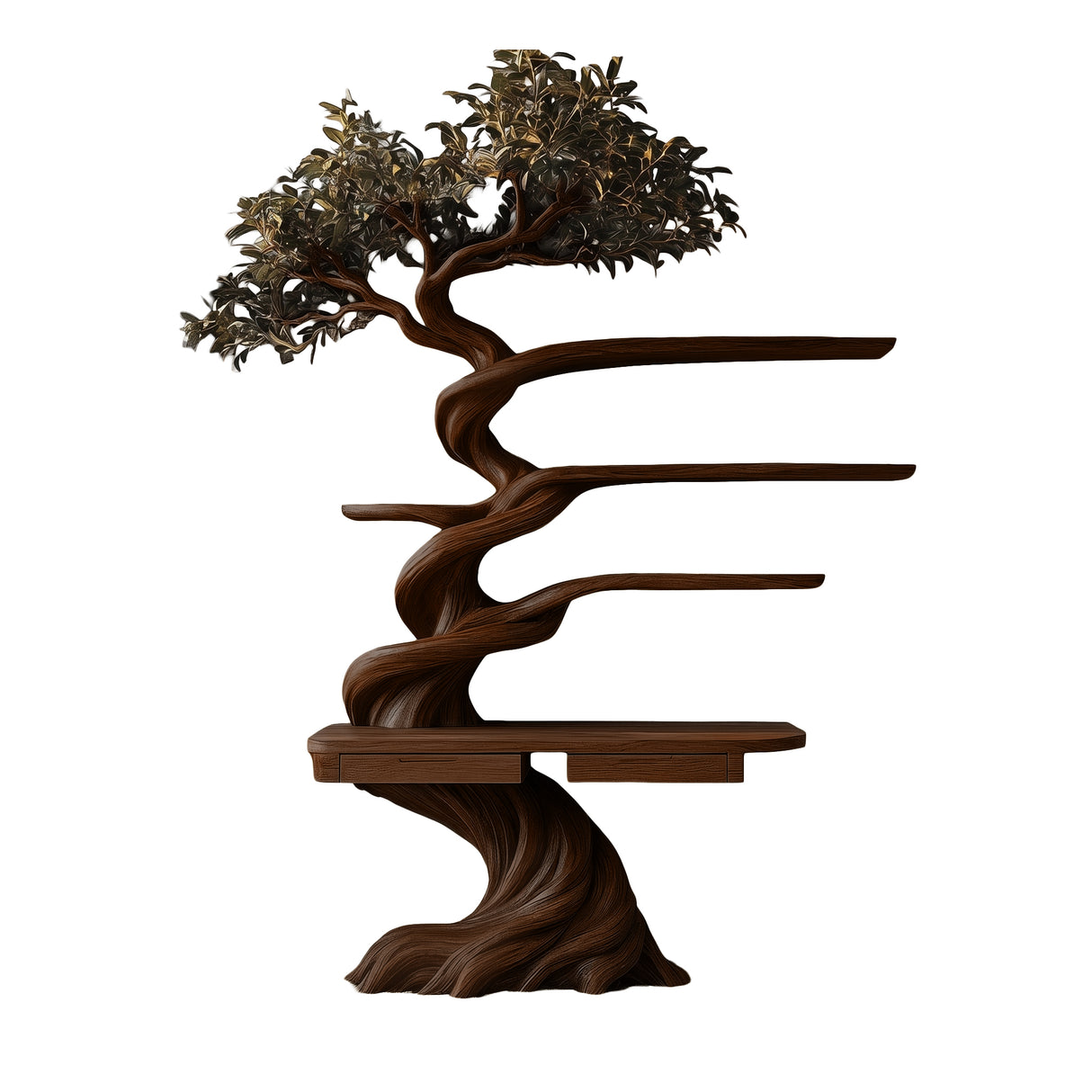 Thaloryn Sculpted Solid Wood Tree Bookshelf with Drawers Dark Walnut - Timberustic Tree Bookshelf