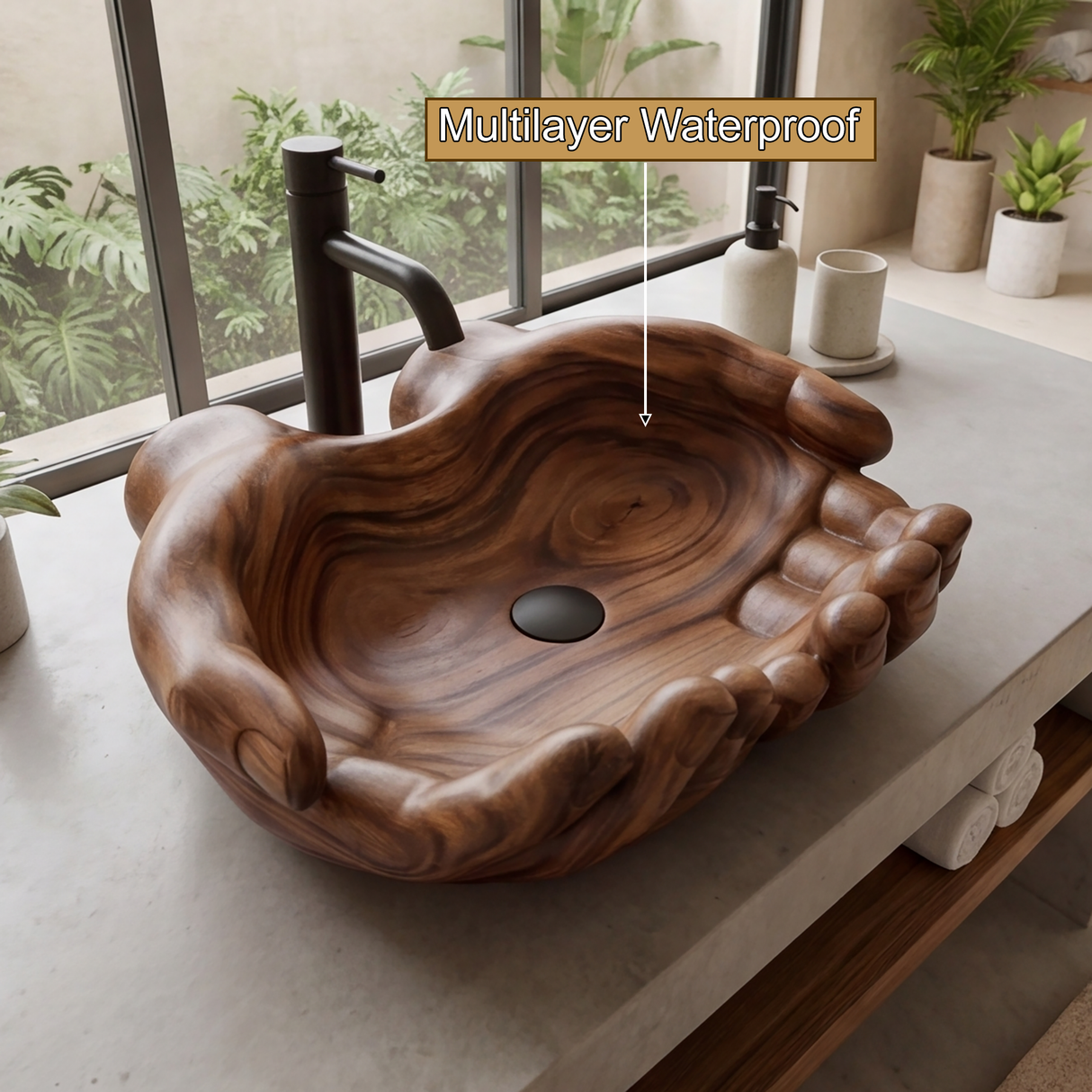 Tharion Handcrafted Solid Wood Hands-Shaped Vessel Sink