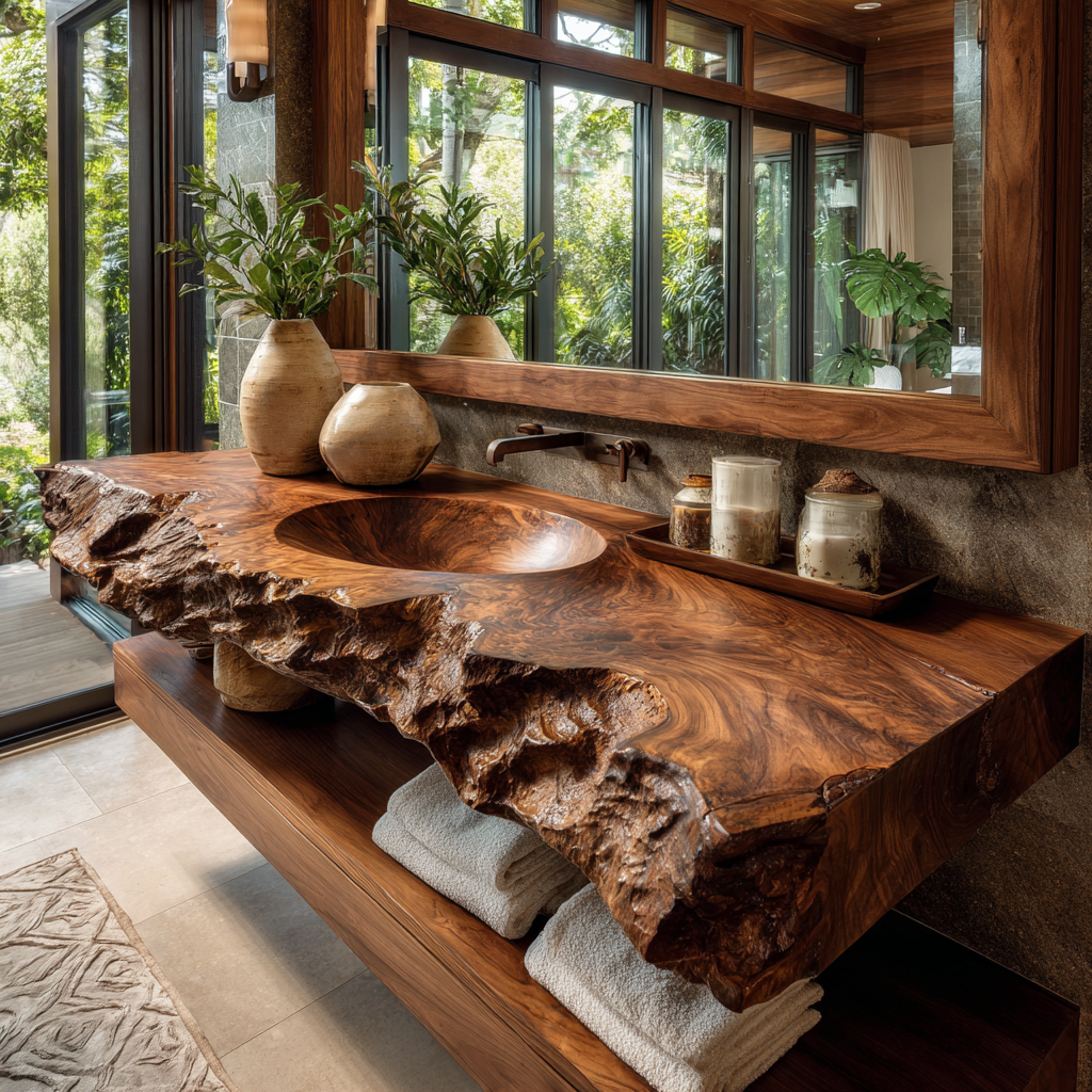 Tharven Rustic Live Edge Solid Wood Floating Bathroom Vanity with Integrated Sink - Timberustic Floating Bathroom Vanity with Integrated Sink