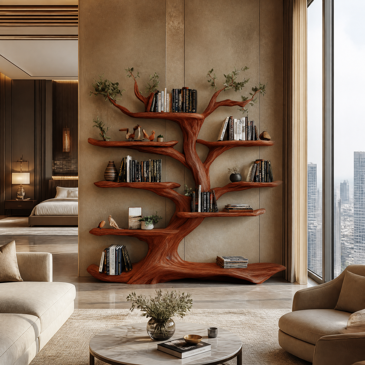 Arborelle Sculpted Solid Wood Tree Bookshelf Mahogany - Timberustic Tree Bookshelf
