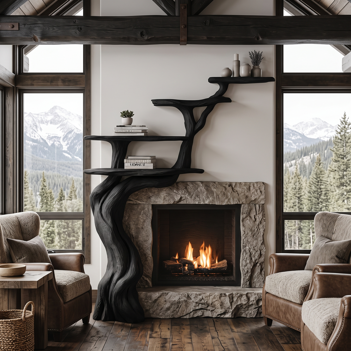 Arborwyn Sculpted Solid Wood Tree-Shaped Fireplace Mantel with Display Shelves Black - Timberustic Tree-Shaped Fireplace Mantel with Display Shelves