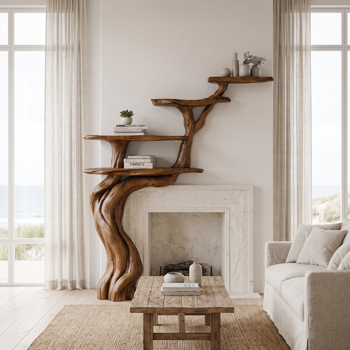 Arborwyn Sculpted Solid Wood Tree-Shaped Fireplace Mantel with Display Shelves Brown - Timberustic Tree-Shaped Fireplace Mantel with Display Shelves