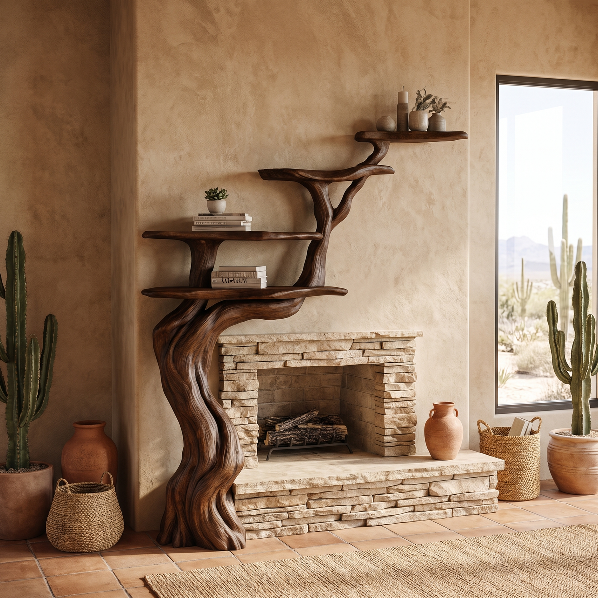 Arborwyn Sculpted Solid Wood Tree-Shaped Fireplace Mantel with Display Shelves Dark Walnut - Timberustic Tree-Shaped Fireplace Mantel with Display Shelves
