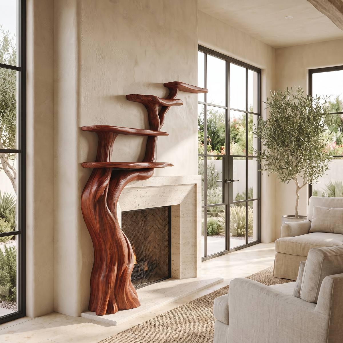 Arborwyn Sculpted Solid Wood Tree-Shaped Fireplace Mantel with Display Shelves Mahogany - Timberustic Tree-Shaped Fireplace Mantel with Display Shelves