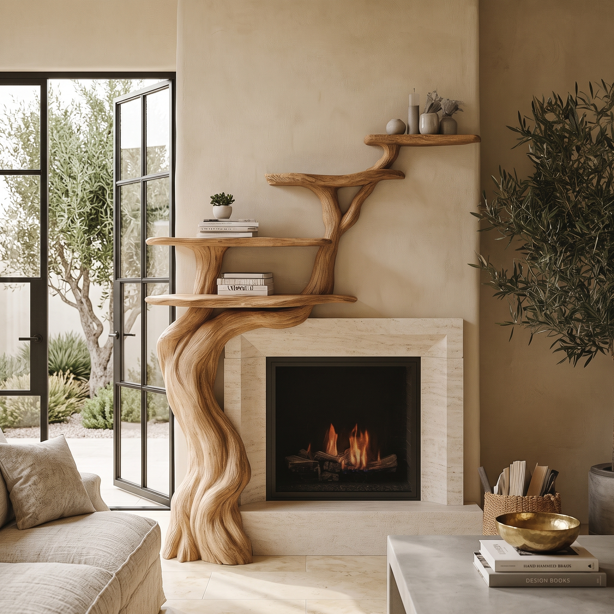 Arborwyn Sculpted Solid Wood Tree-Shaped Fireplace Mantel with Display Shelves Natural Oak - Timberustic Tree-Shaped Fireplace Mantel with Display Shelves