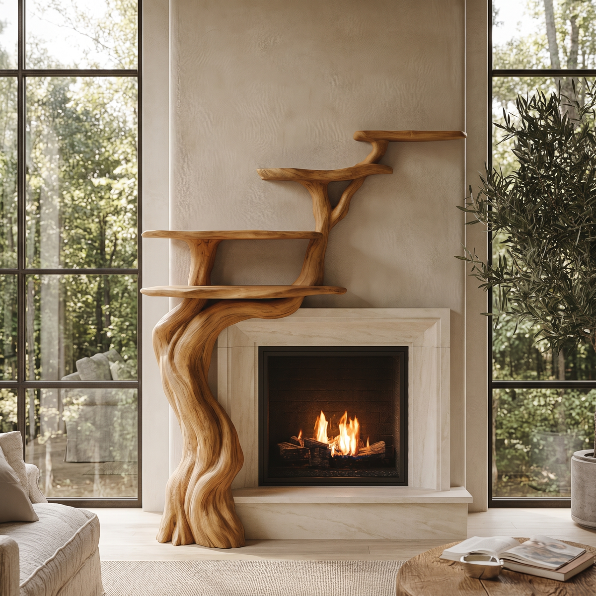 Arborwyn Sculpted Solid Wood Tree-Shaped Fireplace Mantel with Display Shelves Teak - Timberustic Tree-Shaped Fireplace Mantel with Display Shelves