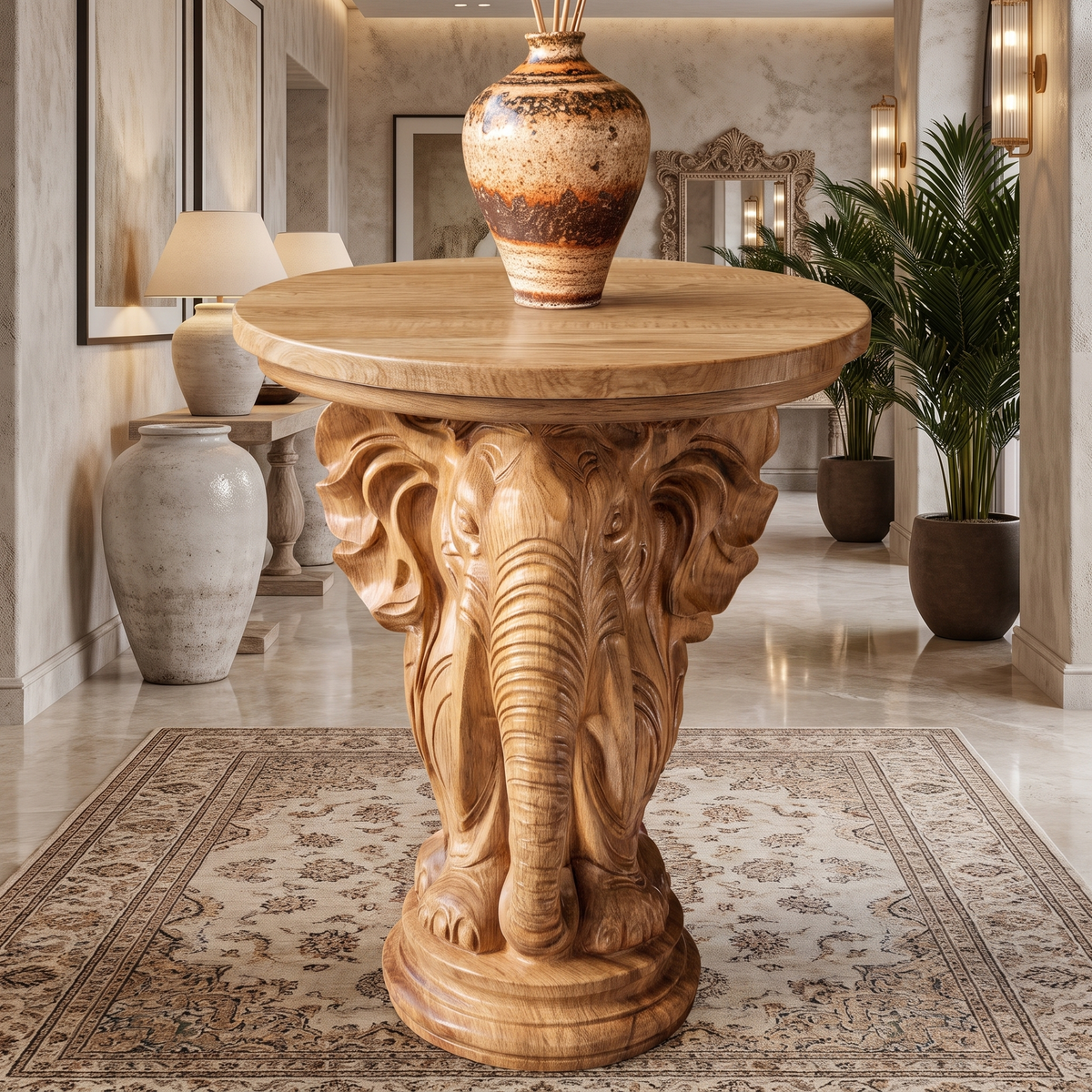 Arkenwald Handcrafted Elephant Pedestal Stand Natural Oak - Timberustic Pedestal Stand