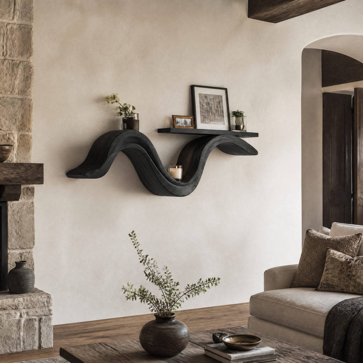 Aurelion Sculpted Solid Wood Floating Shelf SPA503694 — Black