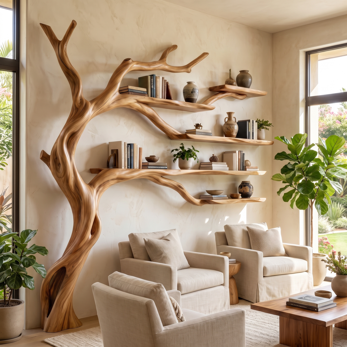 Brambleoak Handcrafted Solid Wood Tree Bookshelf Natural Oak - Timberustic Tree Bookshelf