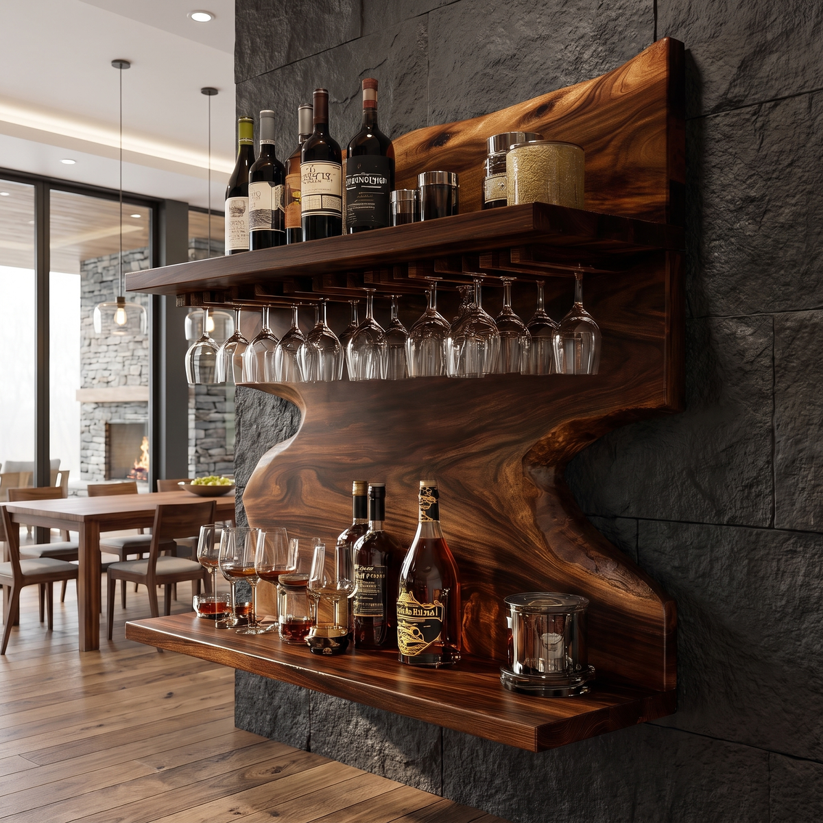Bravanor Live Edge Handcrafted Floating Wine Shelf SPA578404 Dark Walnut - Timberustic Floating Wine Shelf