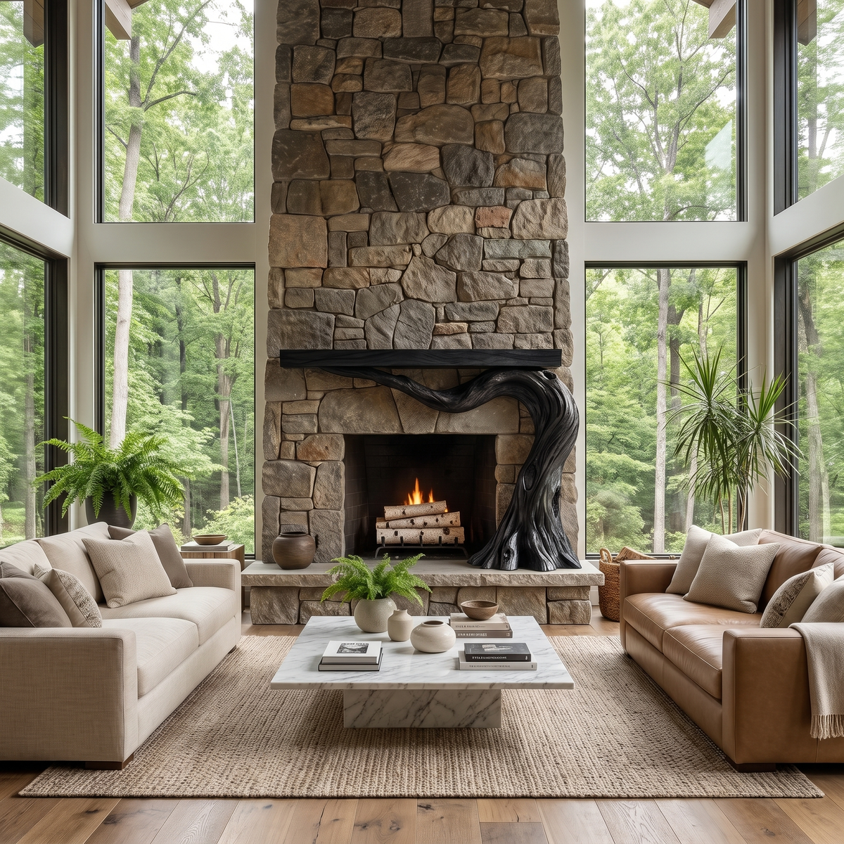 Brindlewood Sculpted Solid Wood Tree-Shaped Fireplace Mantel with Display Shelves Black - Timberustic Tree-Shaped Fireplace Mantel with Display Shelves