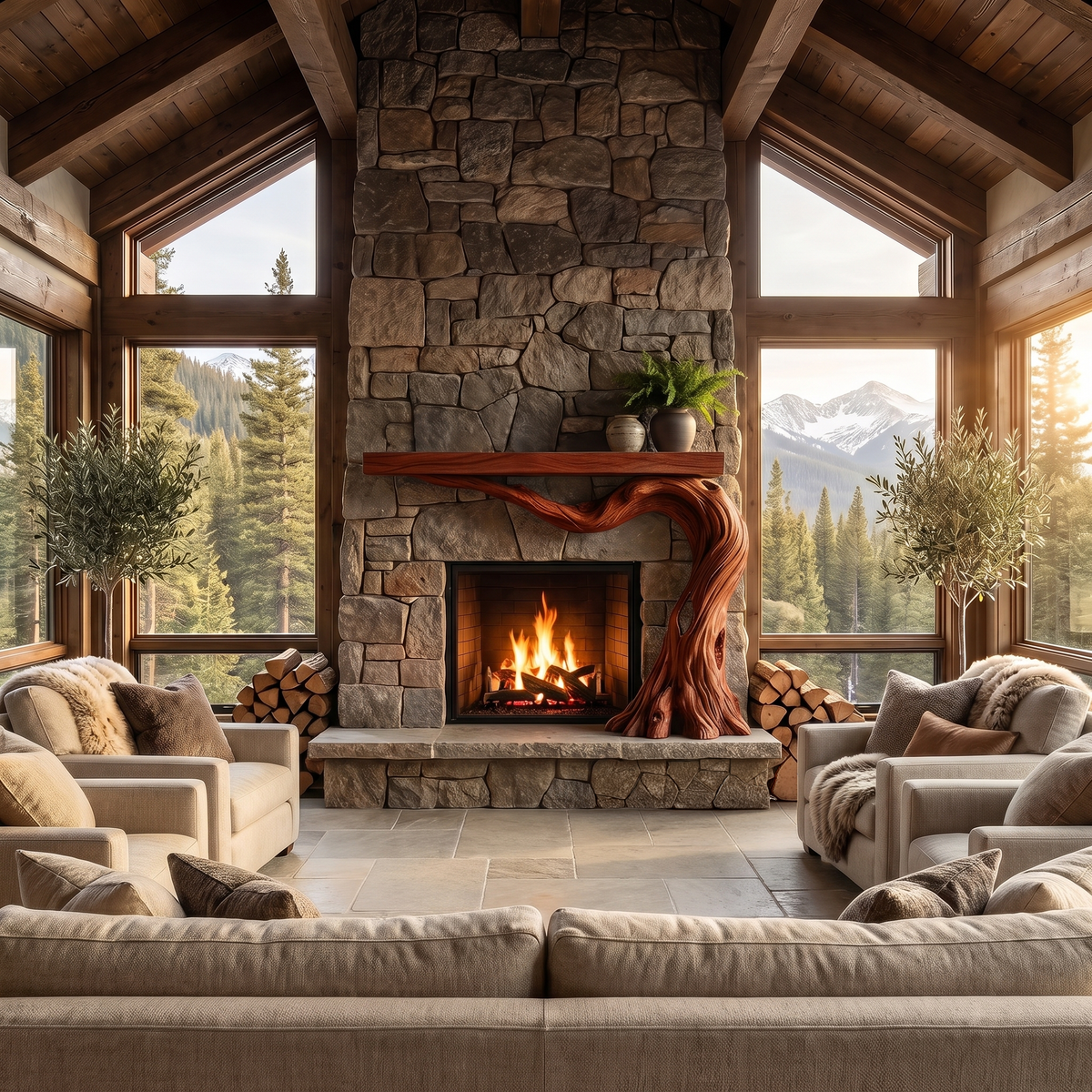 Brindlewood Sculpted Solid Wood Tree-Shaped Fireplace Mantel with Display Shelves Mahogany - Timberustic Tree-Shaped Fireplace Mantel with Display Shelves