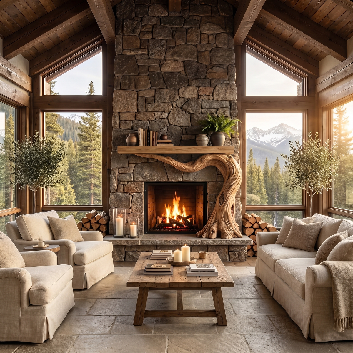 Brindlewood Sculpted Solid Wood Tree-Shaped Fireplace Mantel with Display Shelves Natural Oak - Timberustic Tree-Shaped Fireplace Mantel with Display Shelves
