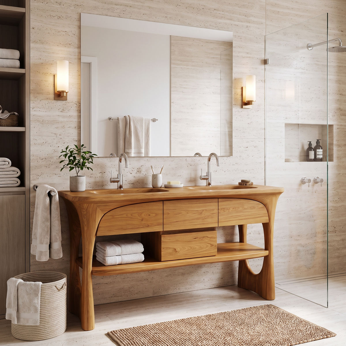 Caelion Sculpted Solid Wood Freestanding Bathroom Vanity with Drawers Teak - Timberustic Freestanding Bathroom Vanity with Drawers