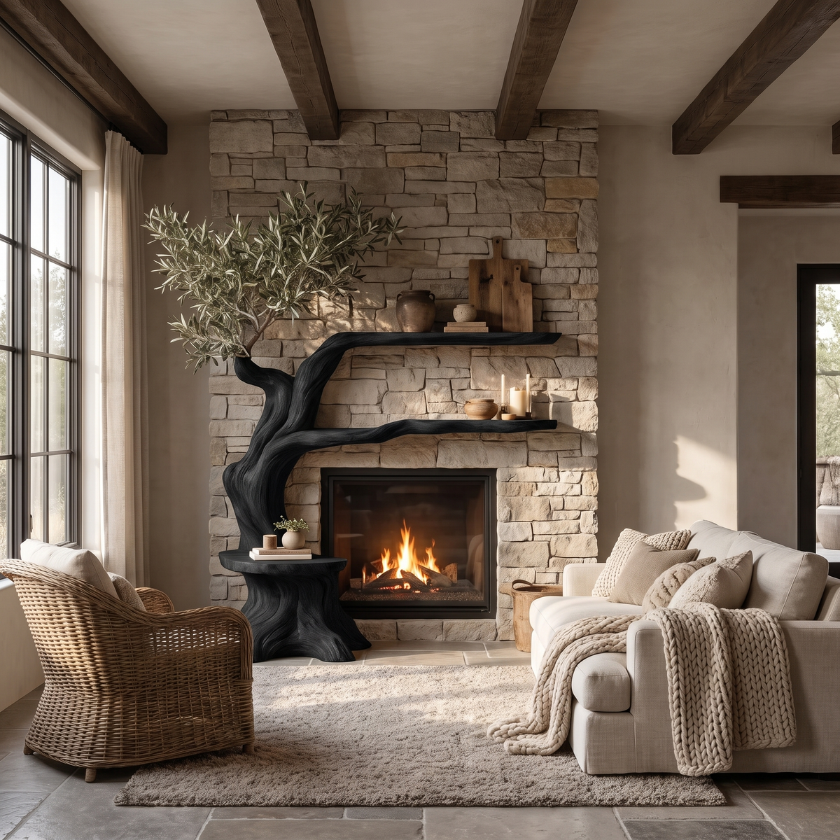 Elaris Sculpted Solid Wood Tree-Shaped Fireplace Mantel with Display Shelves Black - Timberustic Tree-Shaped Fireplace Mantel with Display Shelves