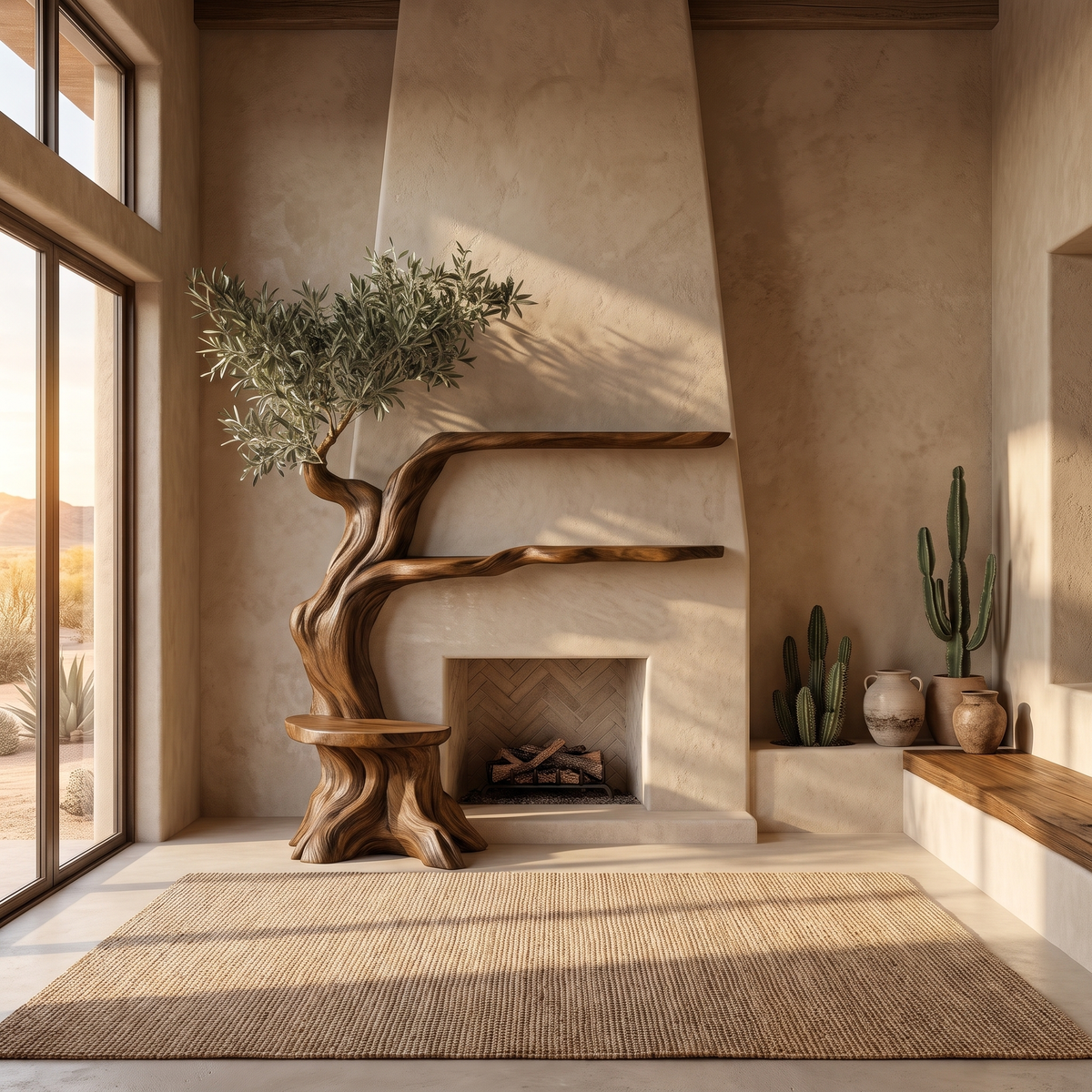 Elaris Sculpted Solid Wood Tree-Shaped Fireplace Mantel with Display Shelves Brown - Timberustic Tree-Shaped Fireplace Mantel with Display Shelves