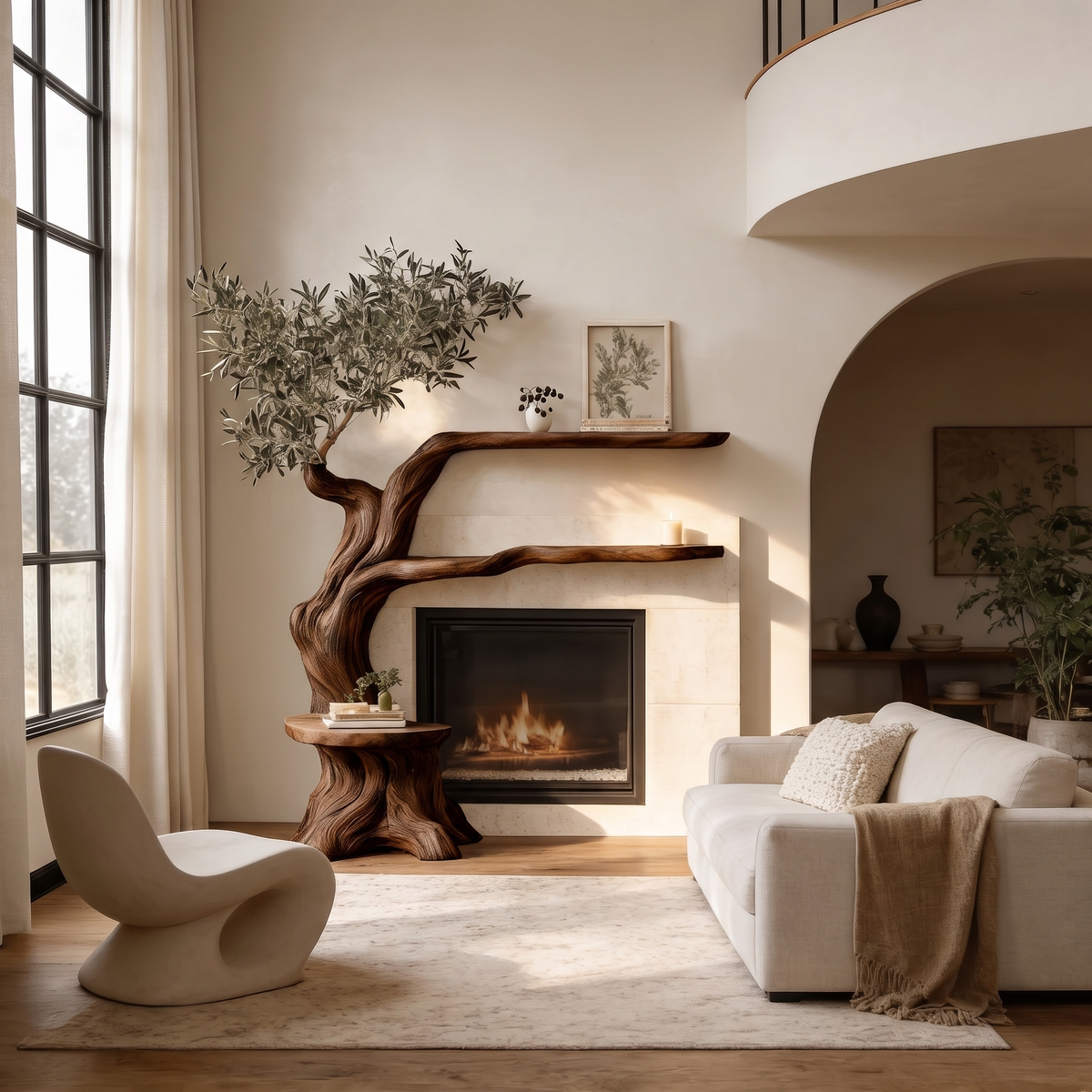 Elaris Sculpted Solid Wood Tree-Shaped Fireplace Mantel with Display Shelves Dark Walnut - Timberustic Tree-Shaped Fireplace Mantel with Display Shelves