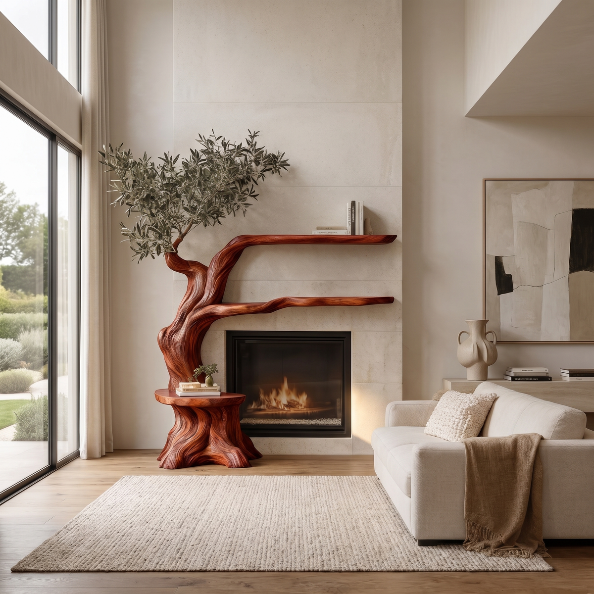 Elaris Sculpted Solid Wood Tree-Shaped Fireplace Mantel with Display Shelves Mahogany - Timberustic Tree-Shaped Fireplace Mantel with Display Shelves